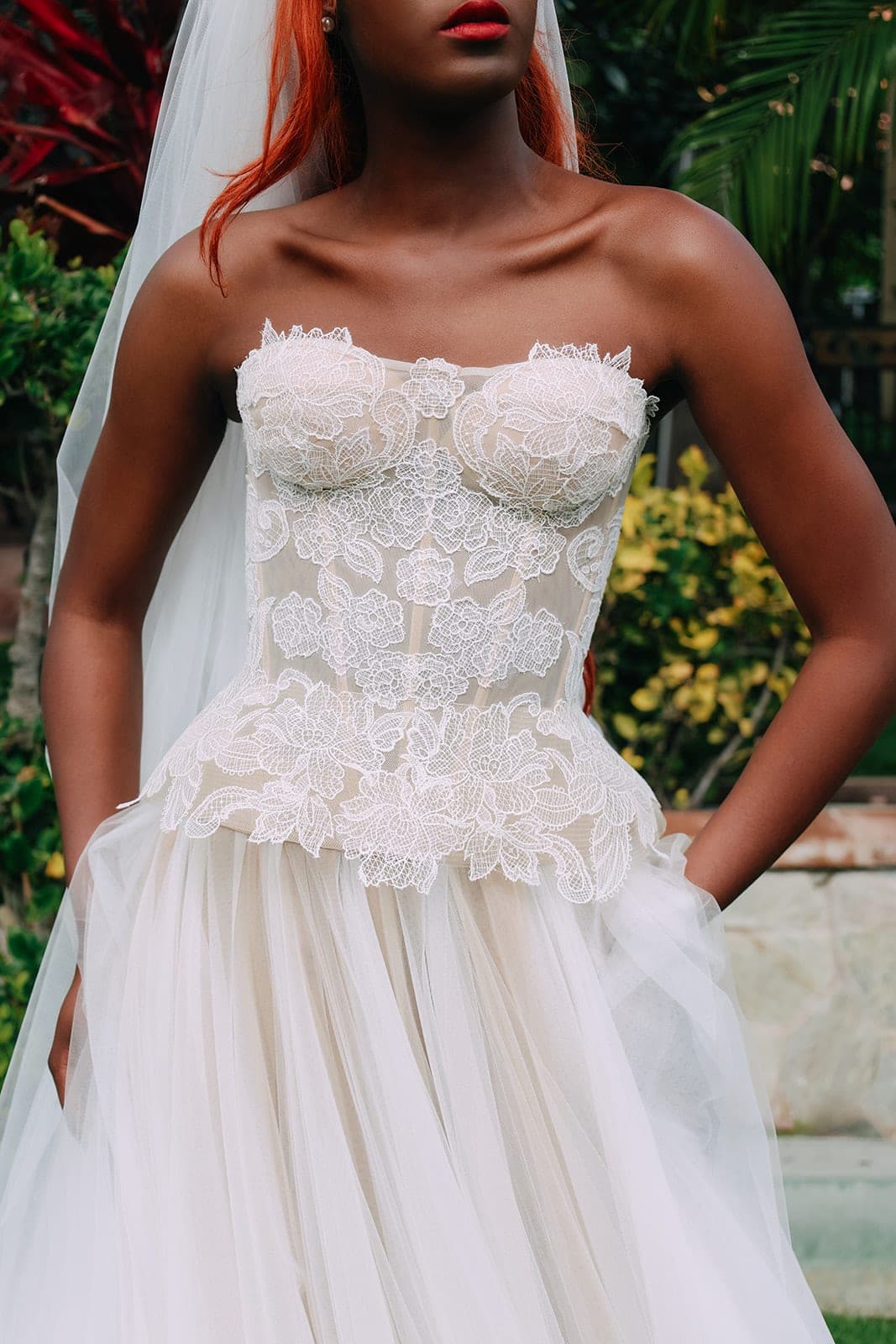 Detail of the Seraphine's sheer lace corset bodice