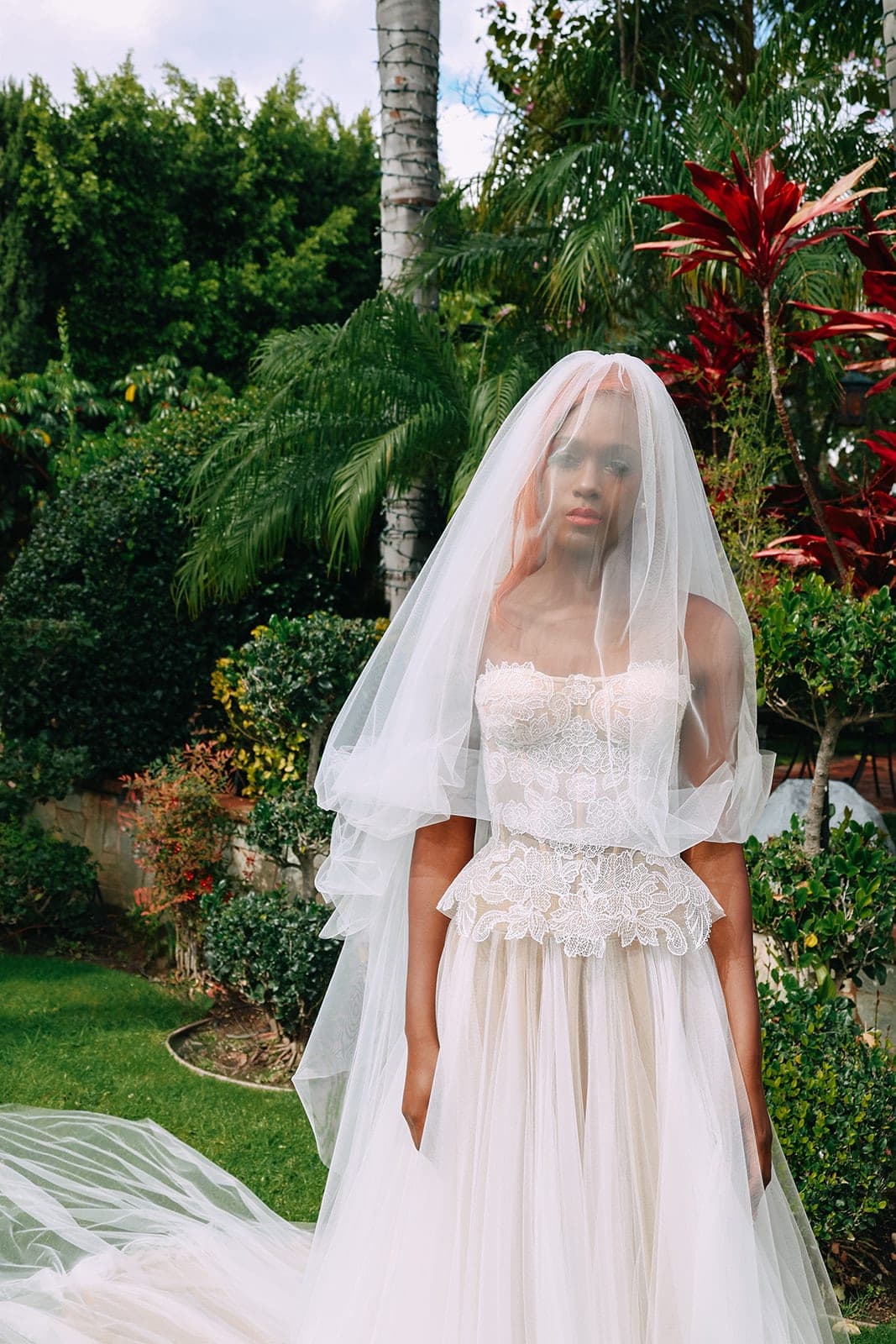 The Seraphine with cathedral veil and sheer lace corset