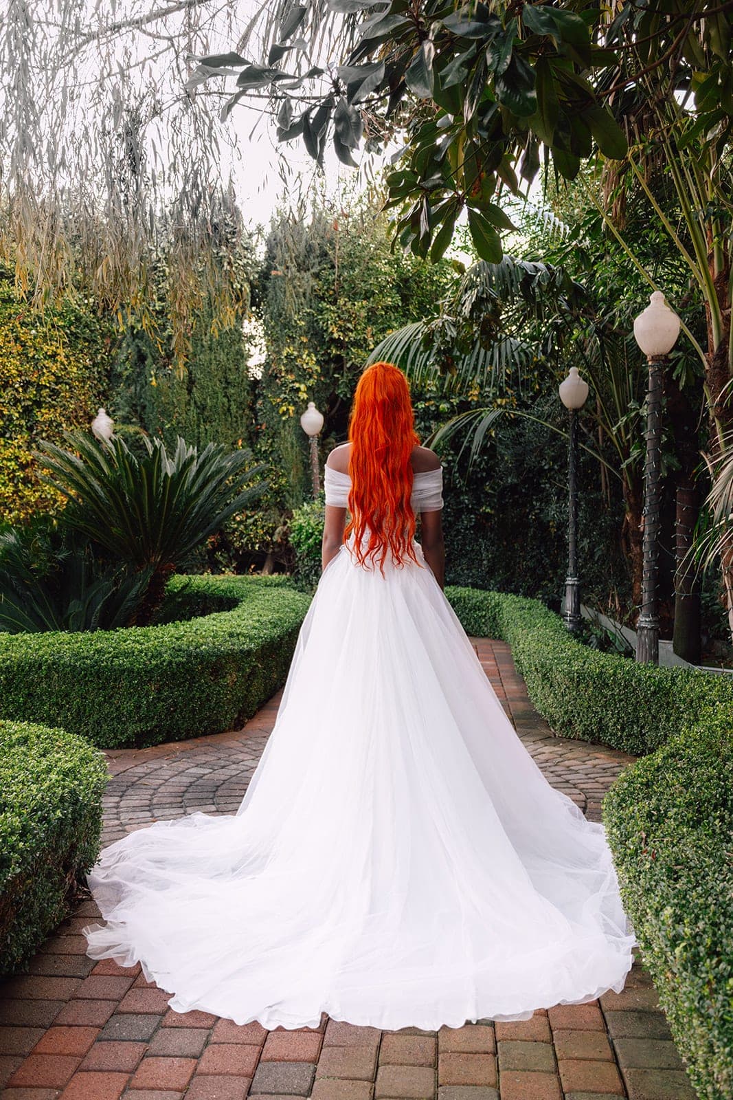 The Valentina's long Italian tulle train from behind