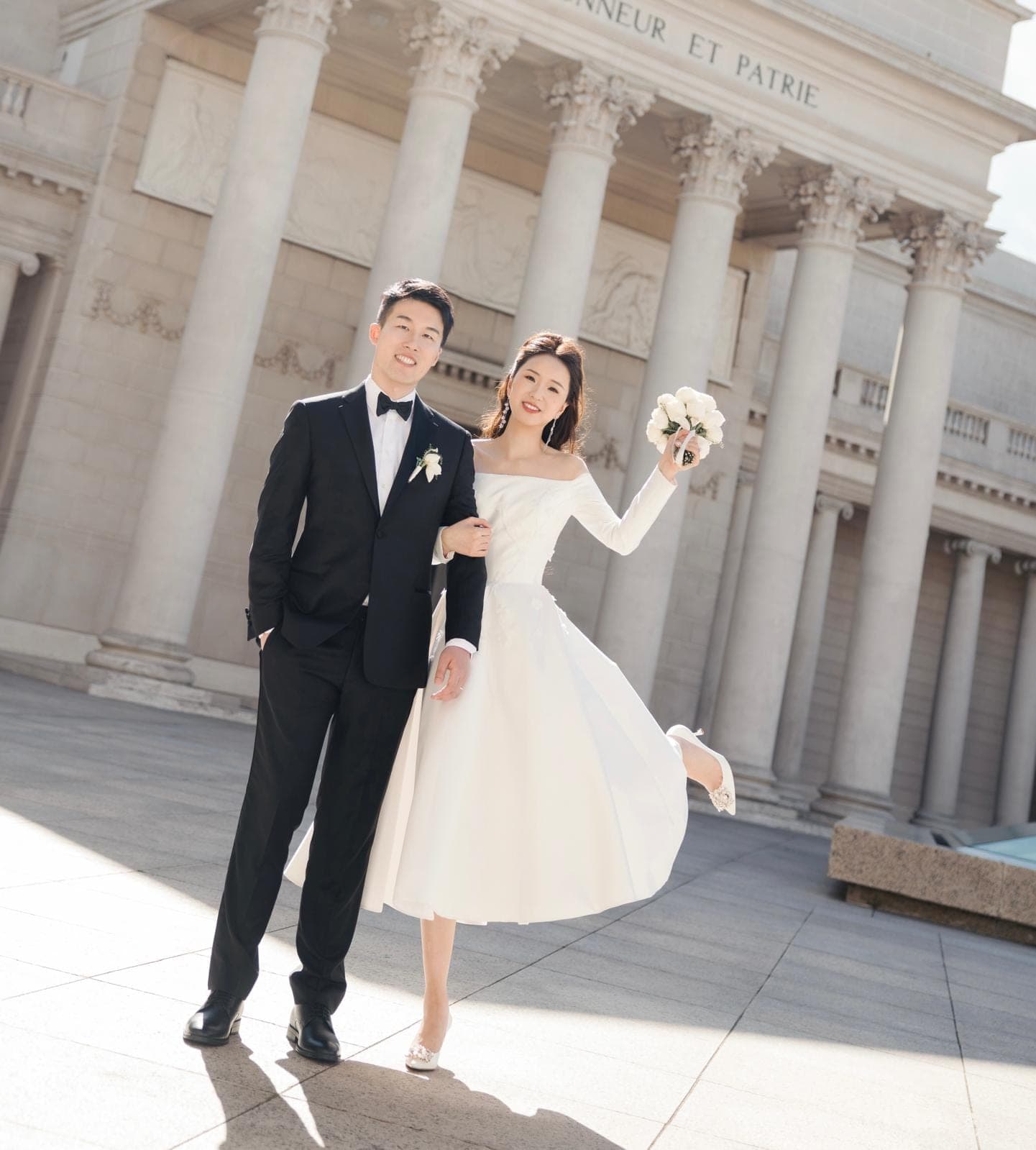 Off-shoulder short wedding dress by OT Haute Couture, modern bride in the city